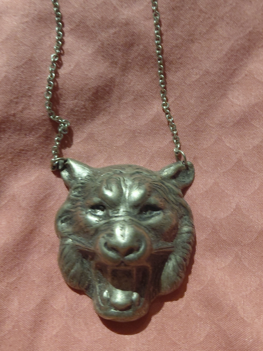 Pewter-Tone Fierce Tiger Head Pendant Necklace